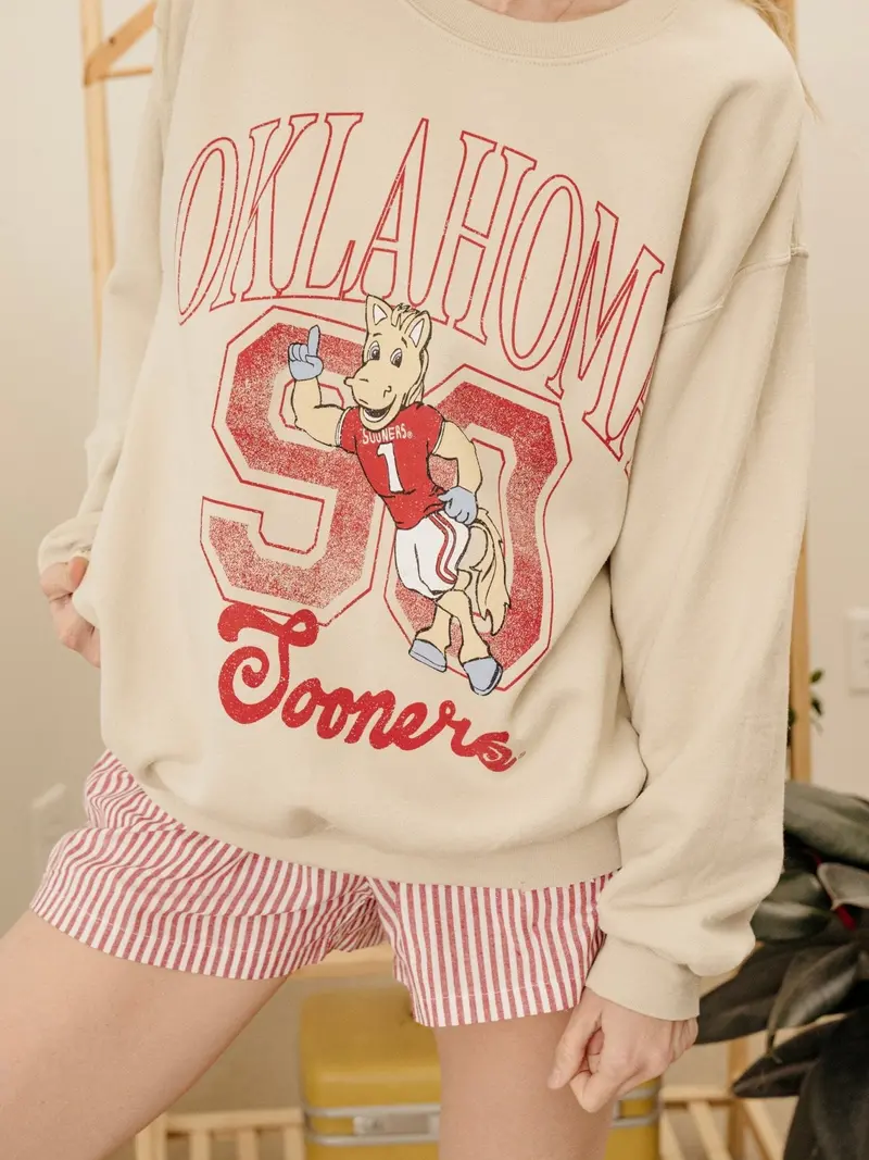 Ou Sooners Club Mascot Sand Thrifted Sweatshirt 1