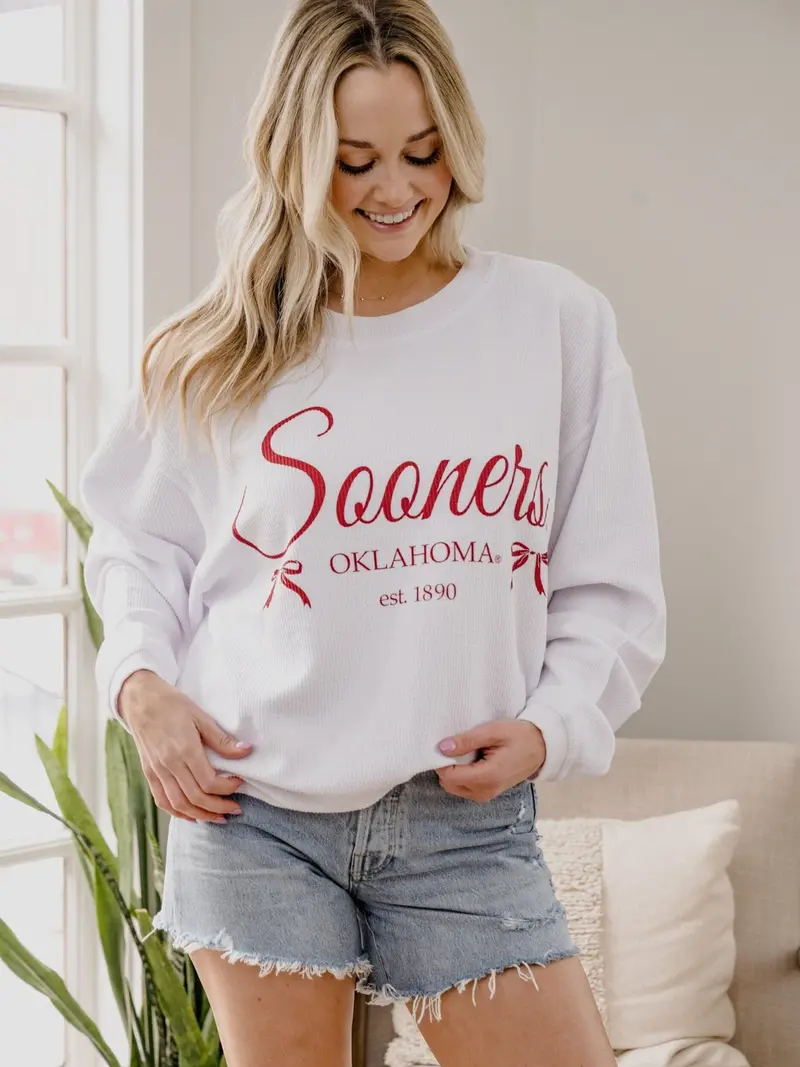 Ou Sooners Established Bows White Corded Crew Sweatshirt 1