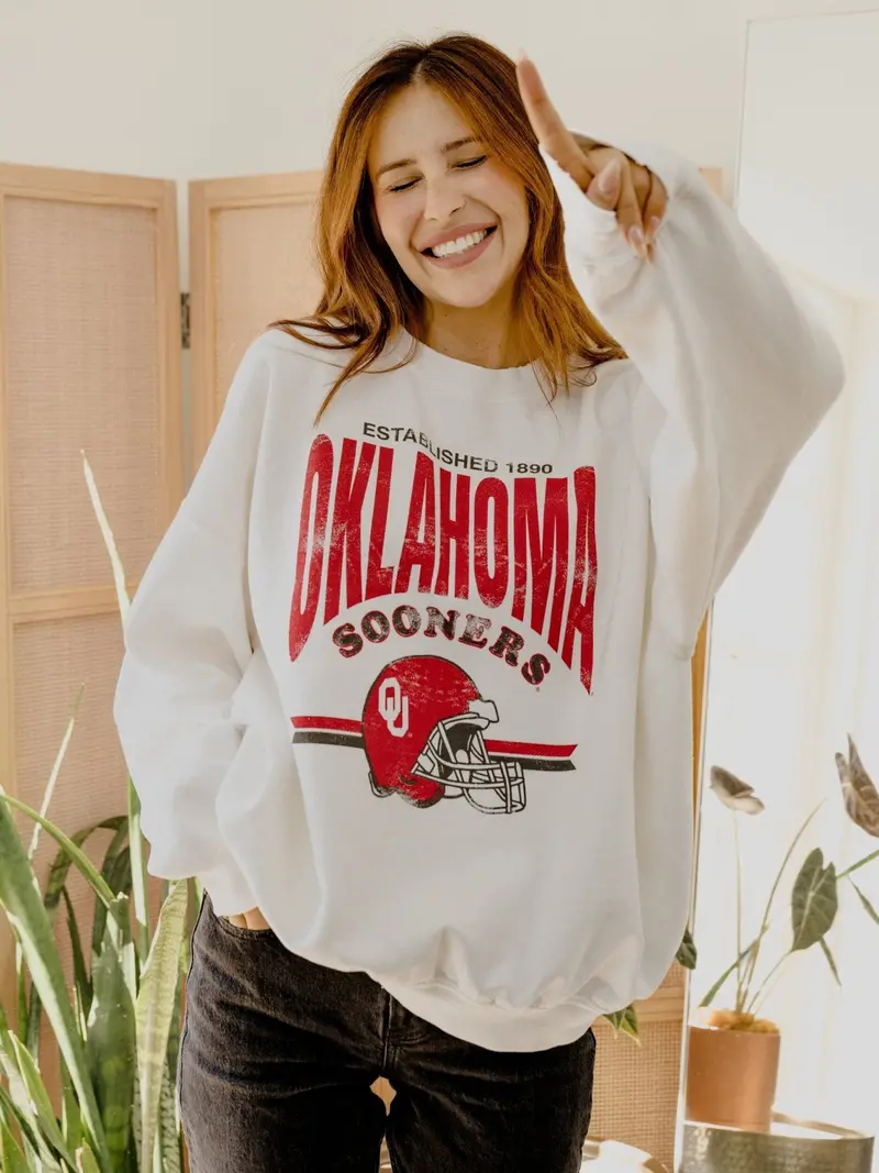 Ou Sooners Established Date Helmet White Thrifted Sweatshirt 1