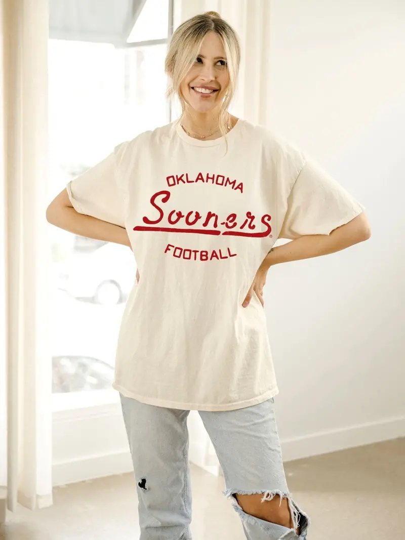 Ou Sooners Football Stencil Off White Thrifted Tee 1