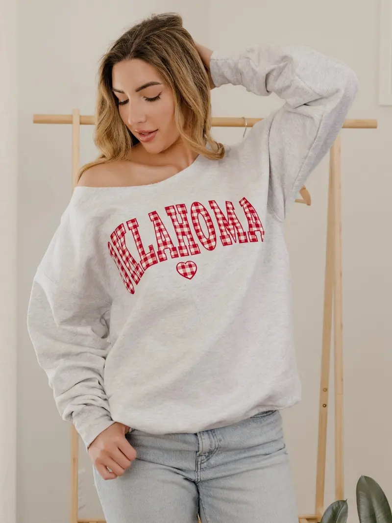Ou Sooners Gingham Heart Ash Gray Flashdance Sweatshirt 1