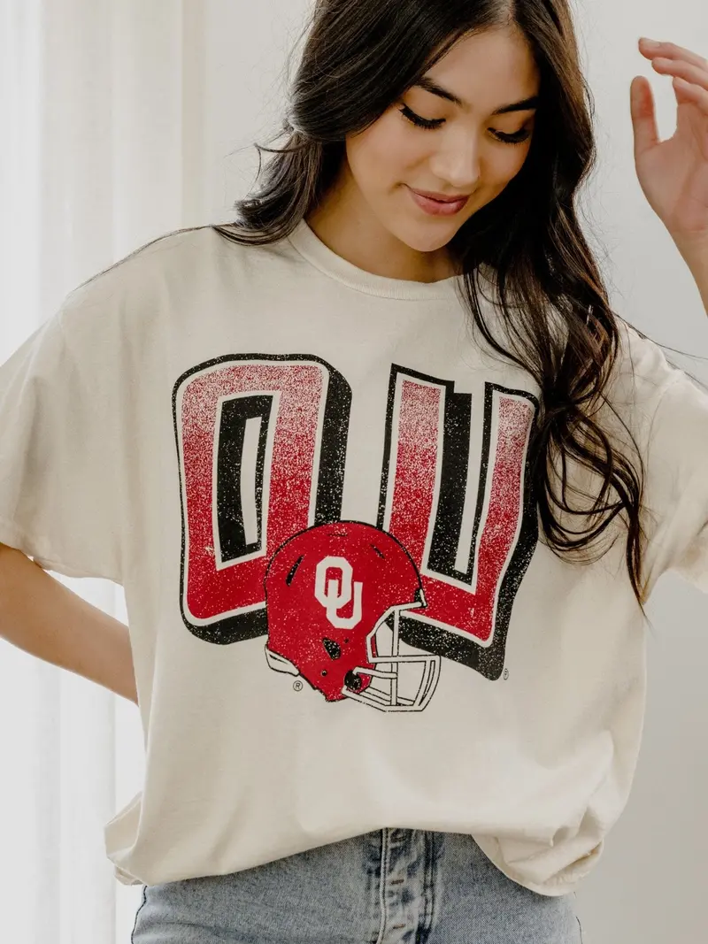 Ou Sooners Helmet Fade Off White Thrifted Tee 1