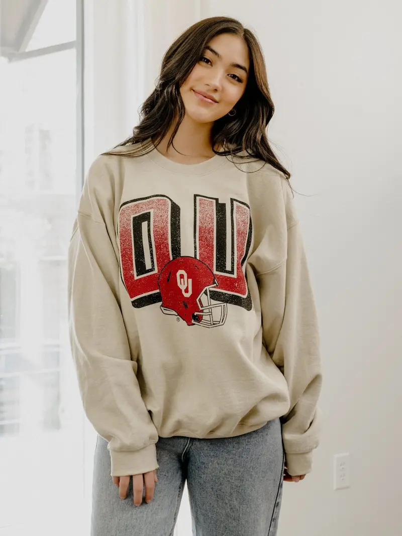 Ou Sooners Helmet Fade Sand Thrifted Sweatshirt 1