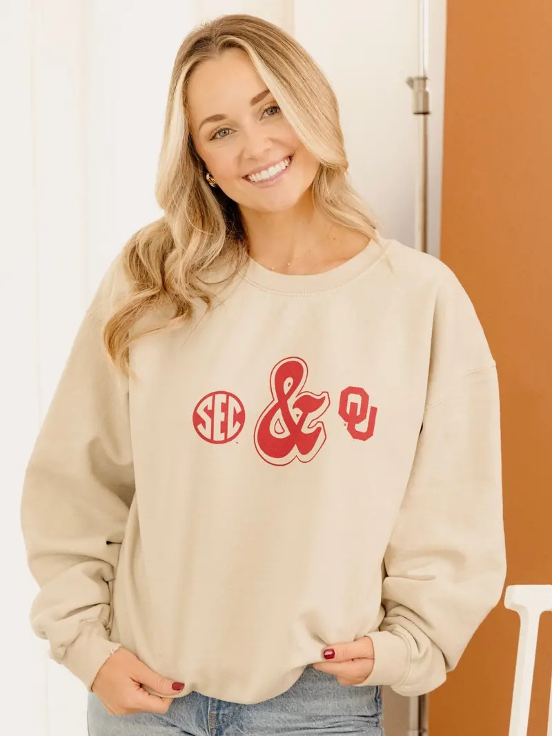 Ou Sooners Sec Ampersand Sand Thrifted Sweatshirt 1