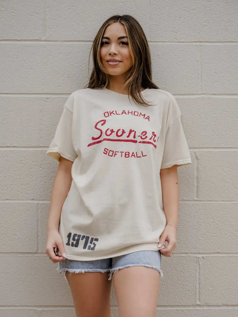 Ou Sooners Softball Stencil Off White Thrifted Tee 1