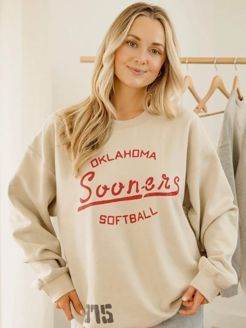 Ou Sooners Softball Stencil Sand Thrifted Sweatshirt 1