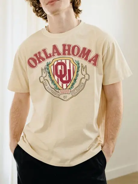 Ou Sooners Striped Crest Off White Thrifted Tee 1