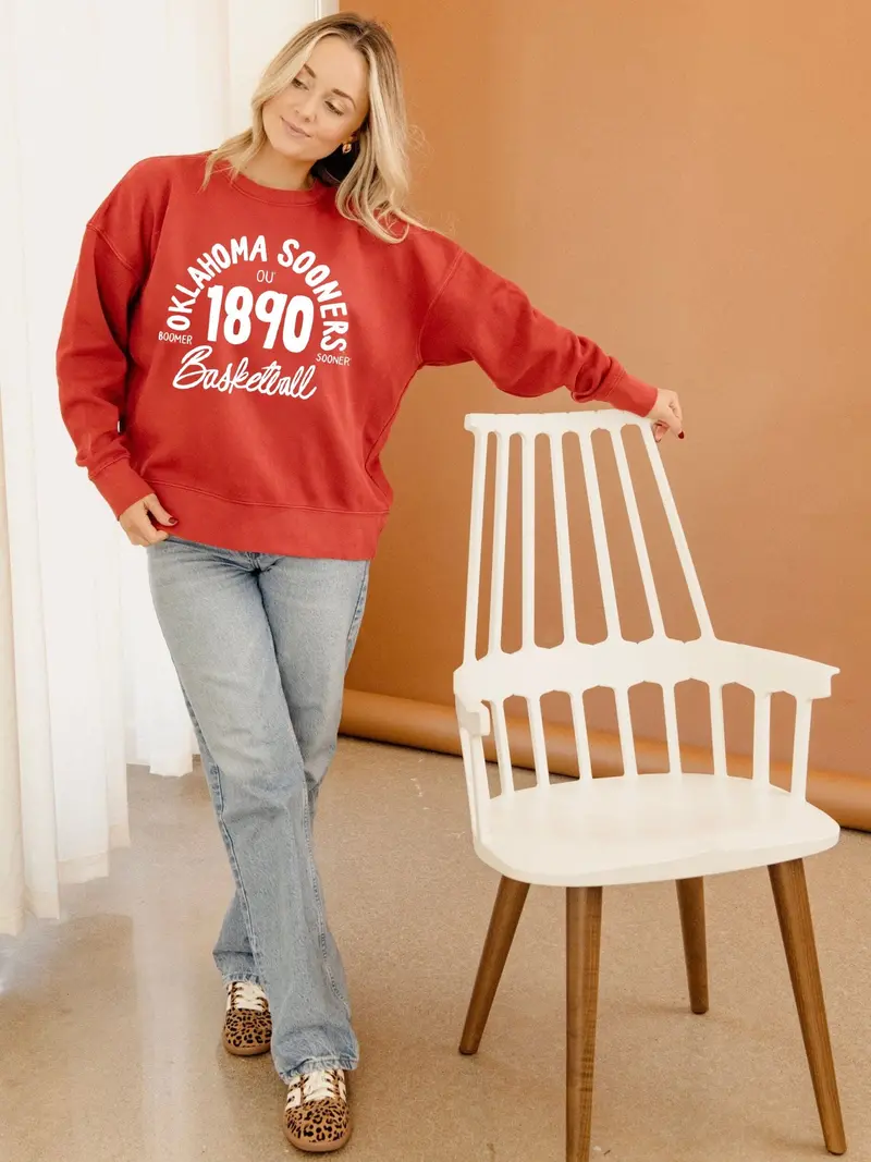 Ou Sooners Trademark Basketball Red Oversized Crew Hi-Dive Sweatshirt 1