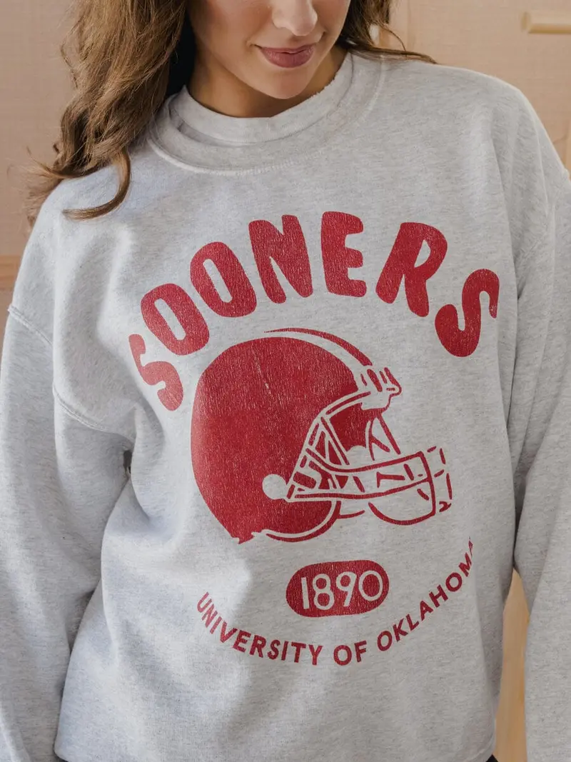 Ou Sooners Varsity Stamp Ash Gray Thrifted Sweatshirt 1