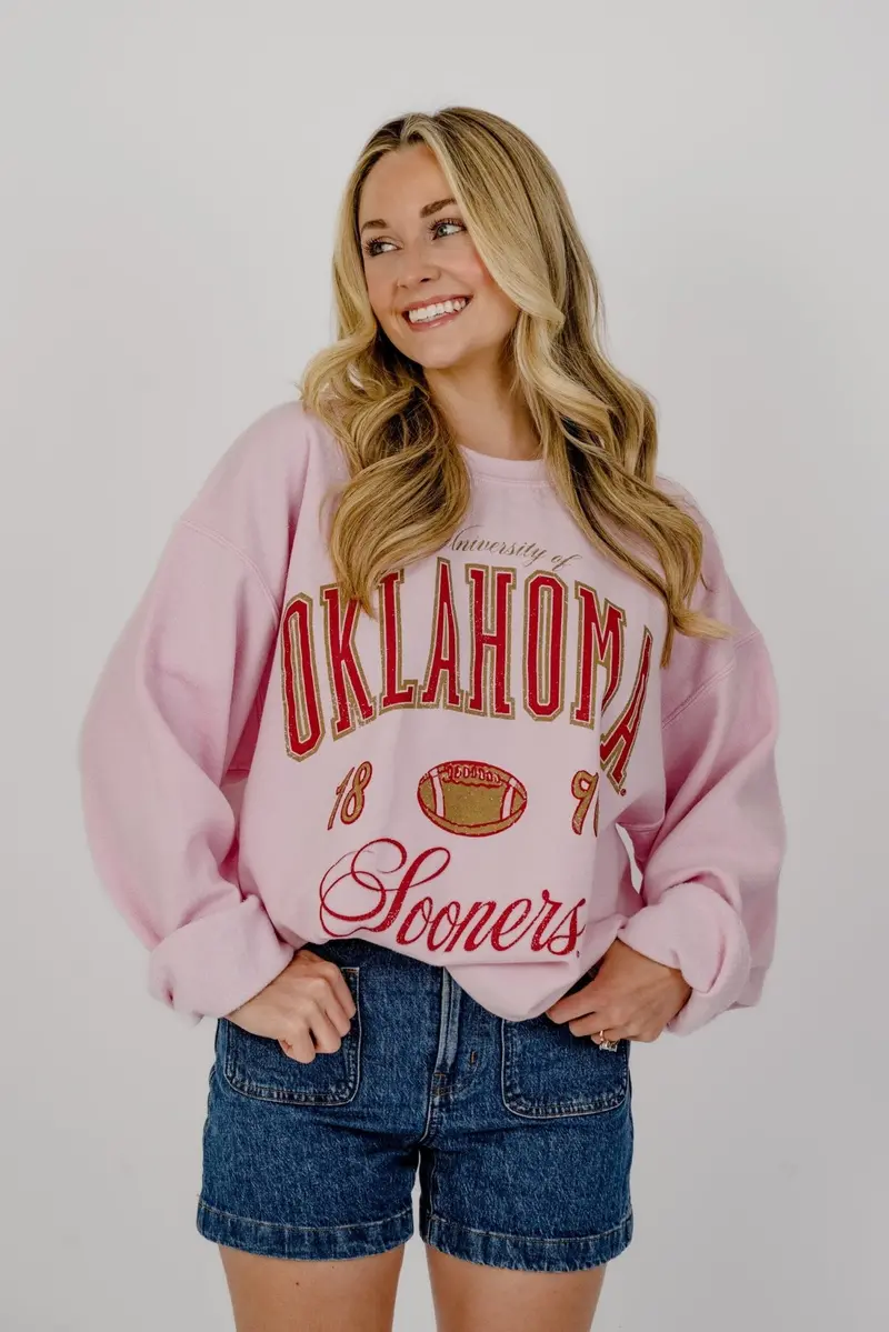 Ou Sooners Wave Arch Pink Thrifted Sweatshirt 1