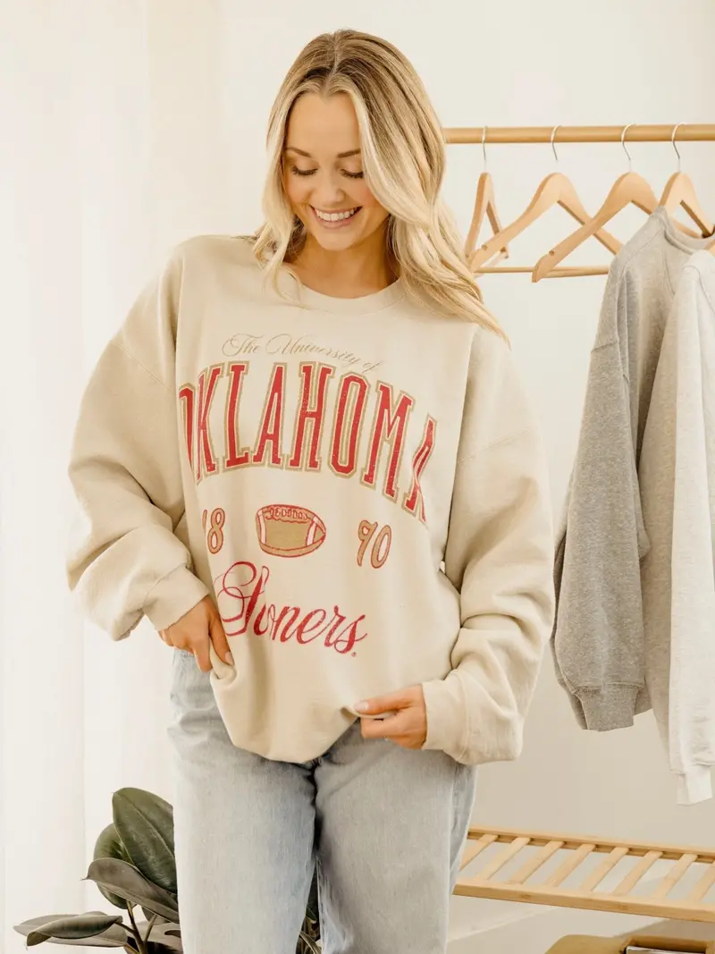Ou Sooners Wave Arch Sand Thrifted Sweatshirt 1