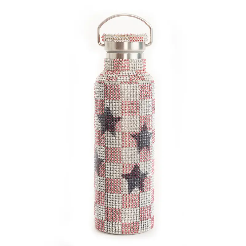 Pink Star Check Rhinestone Water Bottle 1