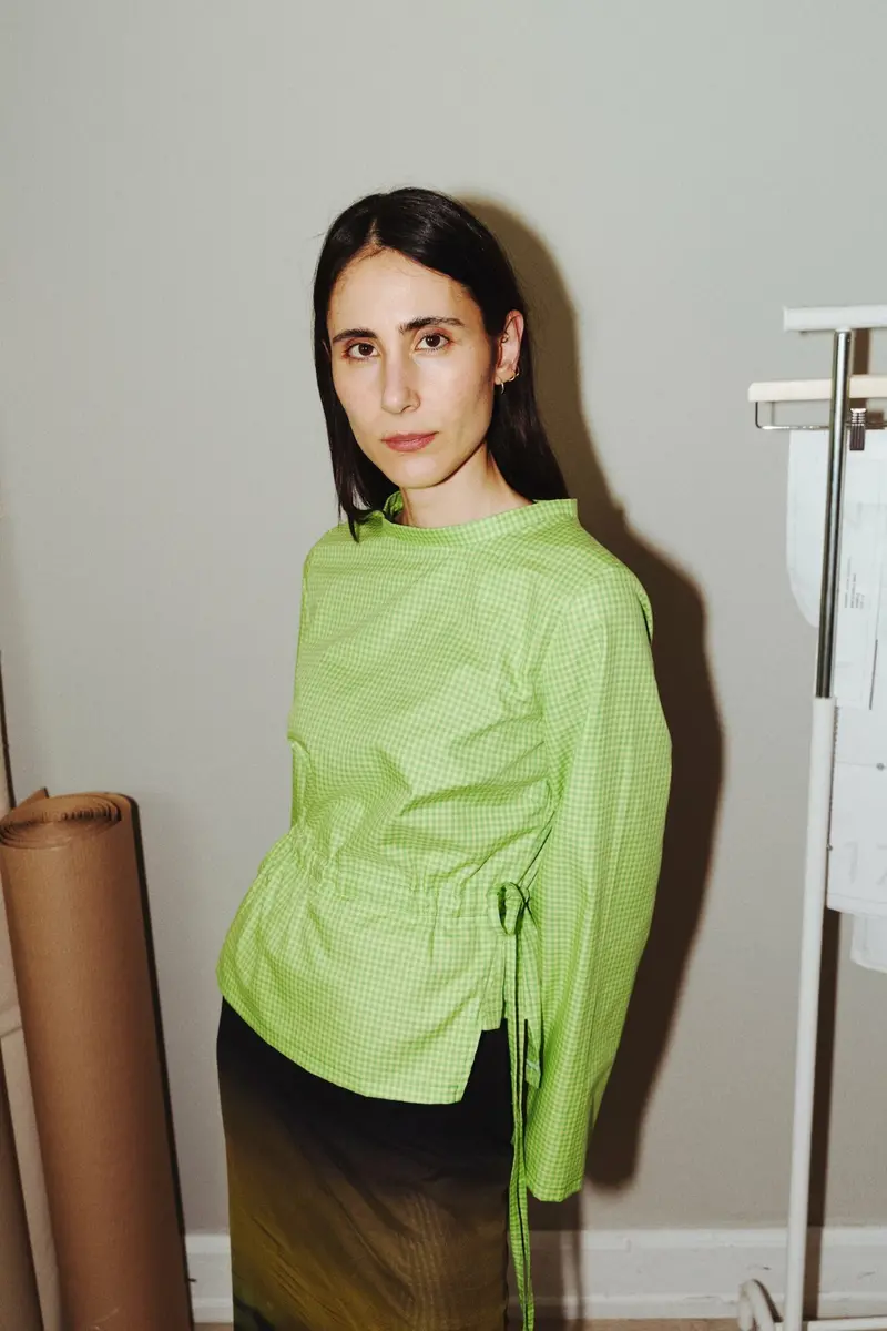 Puff And Pencil Tie Waist Blouse, Cone Sleeve & Standing Collar 1
