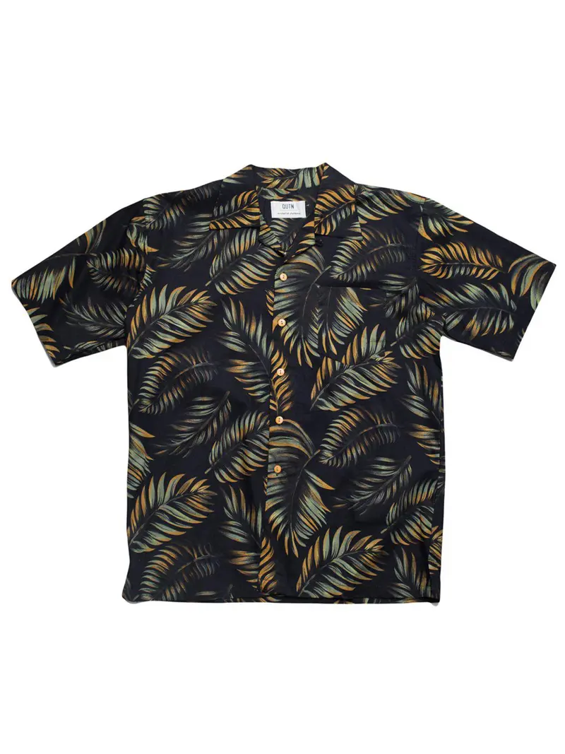 Qutn Hawaiian Shirt Ss Black Tropical Leaves 1