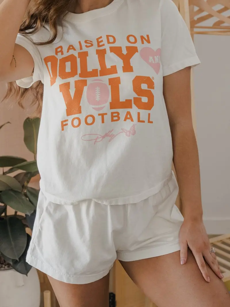 Raised On Dolly Parton & Tn Vols Pink Football Natural Ellie Heavyweight Tee 1