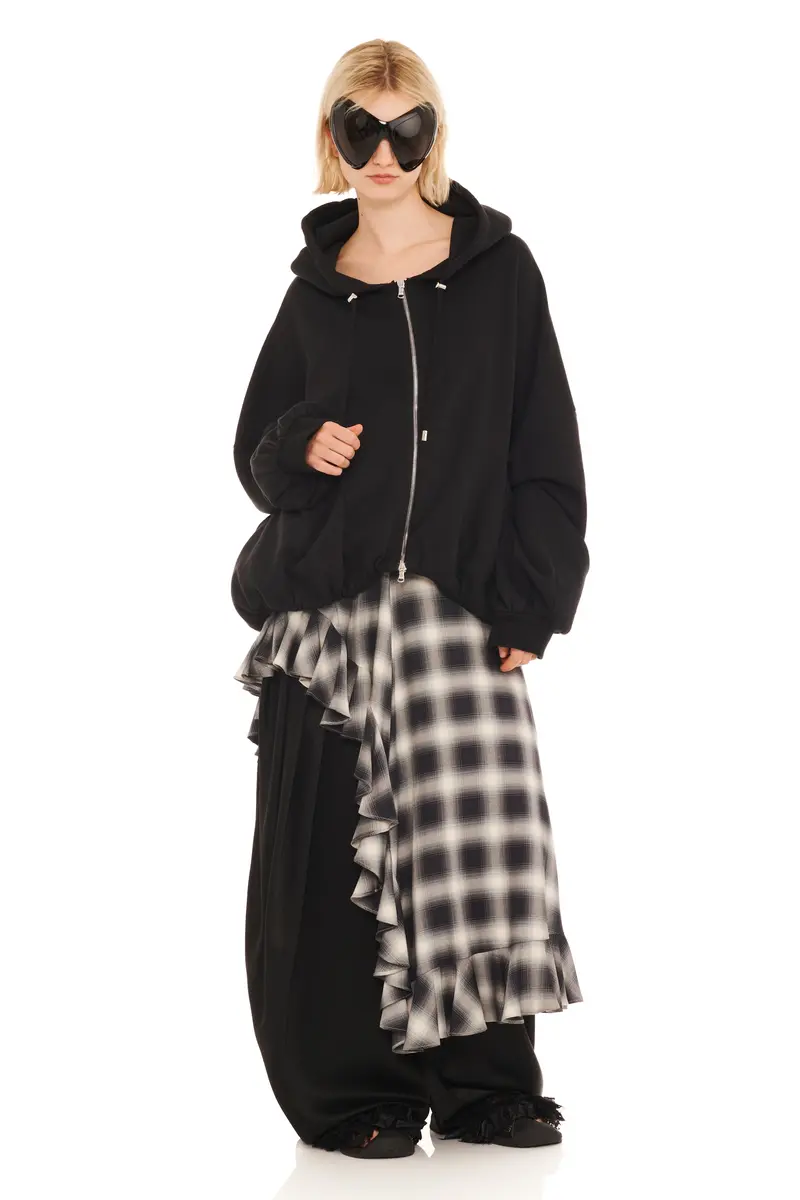 Rhinestone Black Gathered Zip Up Hoodie 1