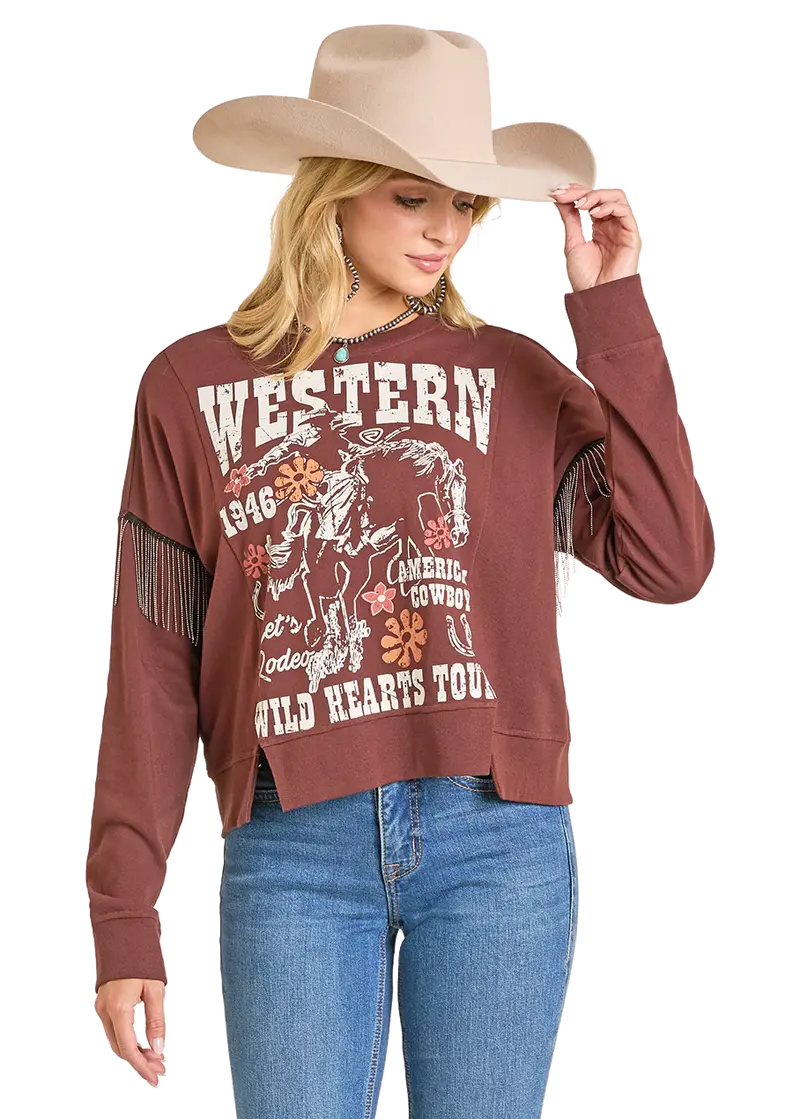 Rock And Roll Denim Women's Chain Fringe Western Graphic Pullover 1
