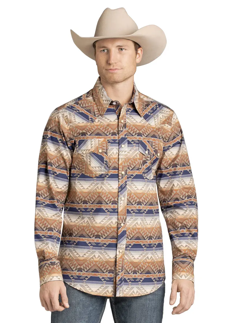 Rock & Roll Denim Men's Slim Fit Tan & Blue Striped Aztec Long-Sleeve Snap Shirt 1