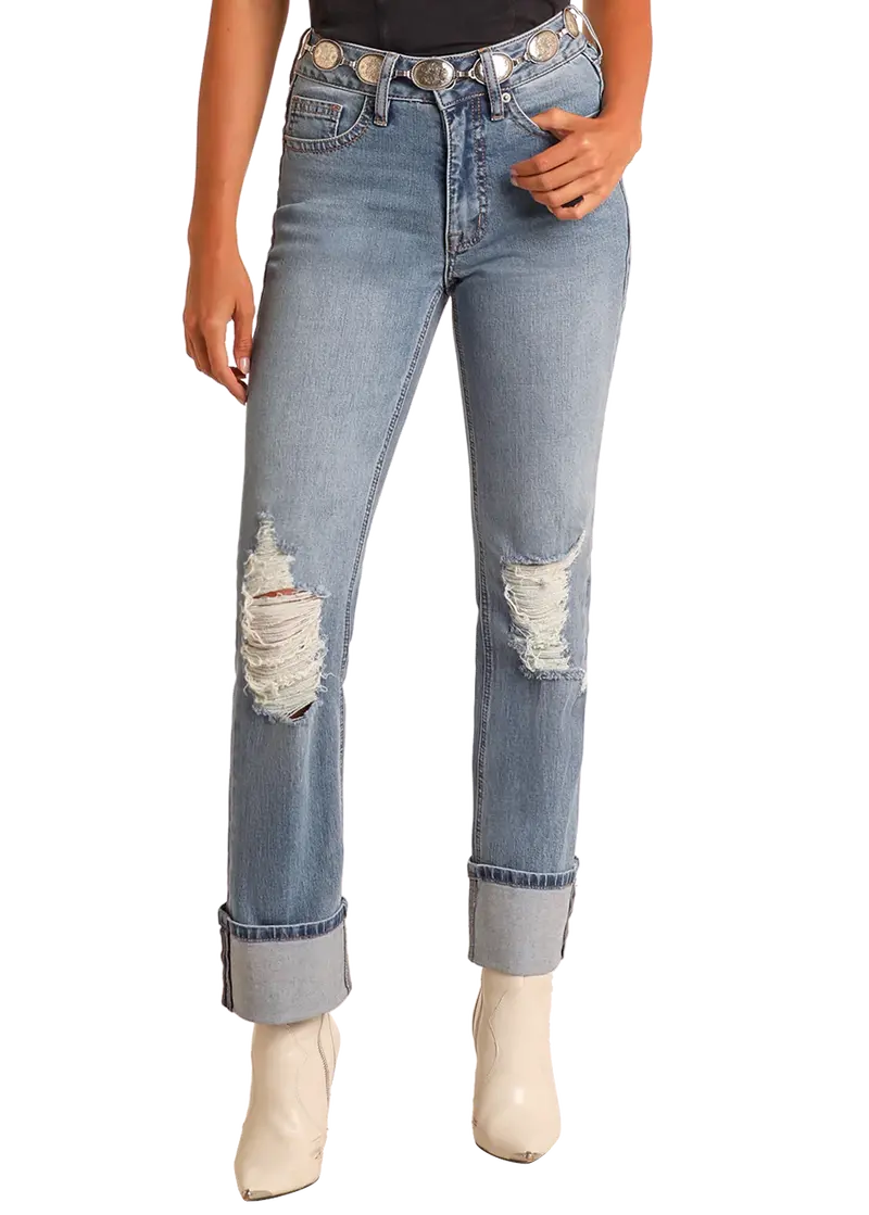 Rock & Roll Denim Women's Mid Rise Distressed Modest Bootcut Jeans 1