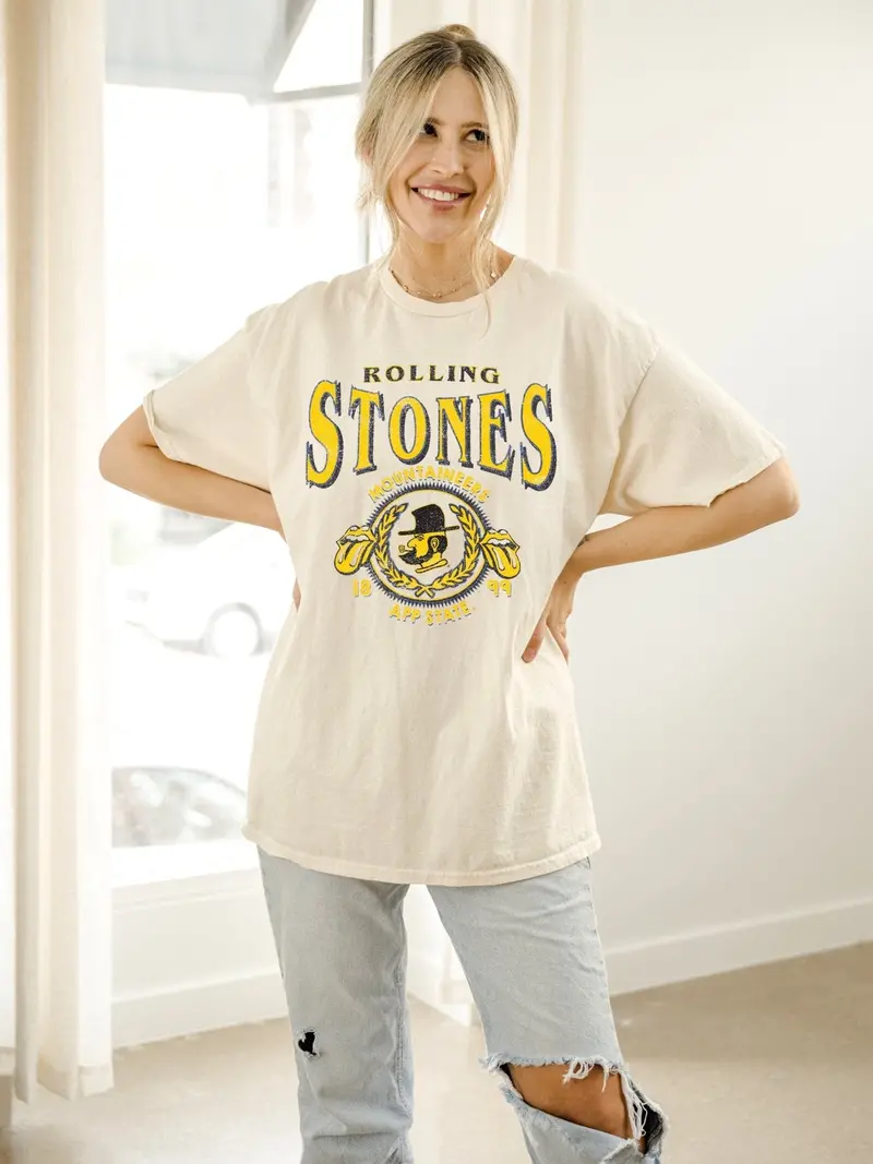 Rolling Stones App State Mountaineers College Seal Off White Thrifted Tee 1