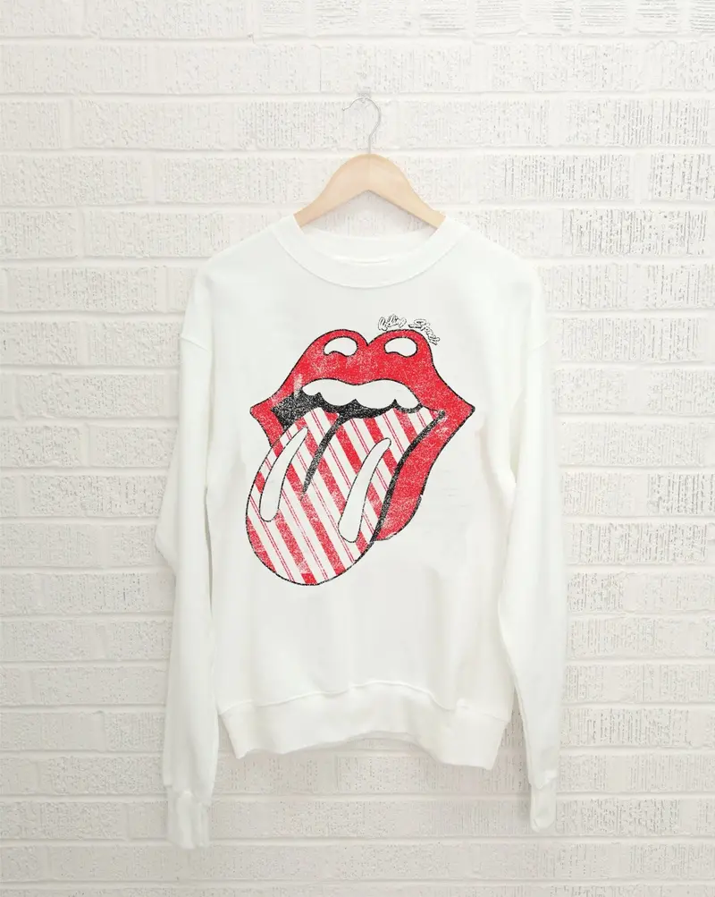 Rolling Stones Candy Cane Lick White Thrifted Sweatshirt 1
