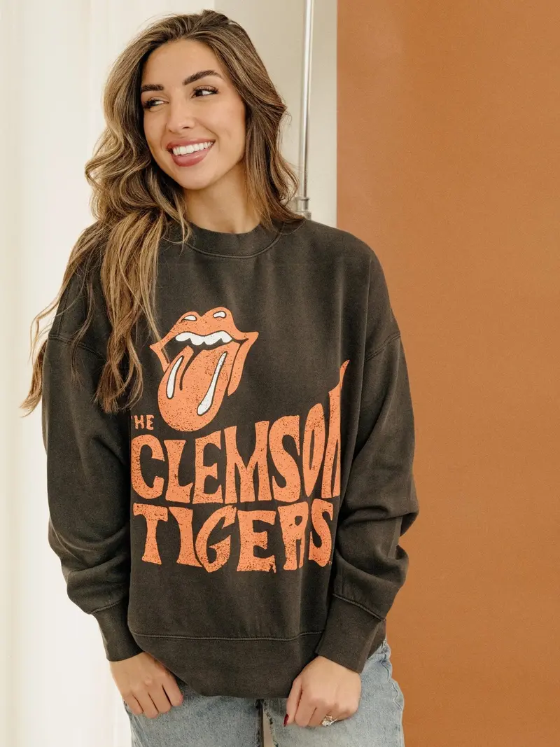 Rolling Stones Clemson Tigers Dazed Black Oversized Crew Sweatshirt 1