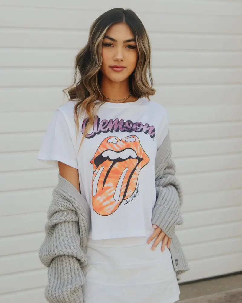 Rolling Stones Clemson Tigers Tie Dye Lick White Cropped Tee 1