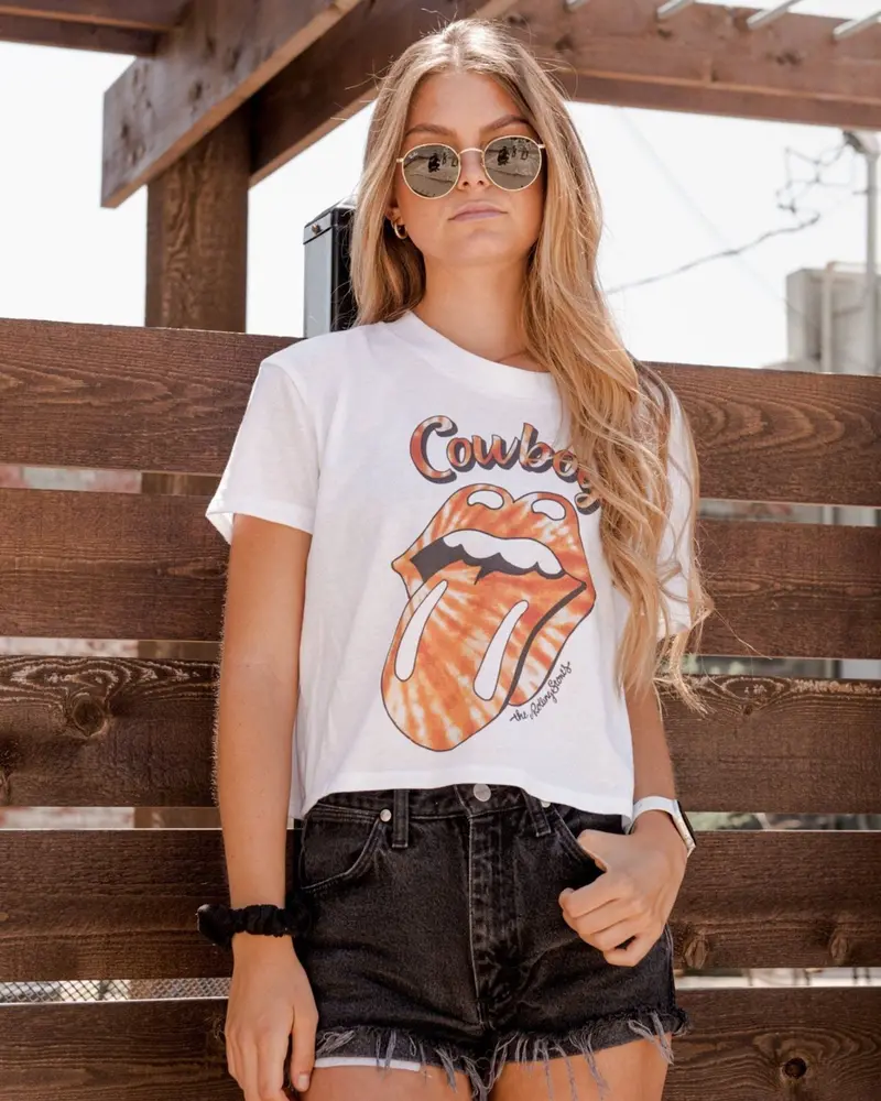 Rolling Stones Cowboys Tie Dye Lick White Cropped Tee 1