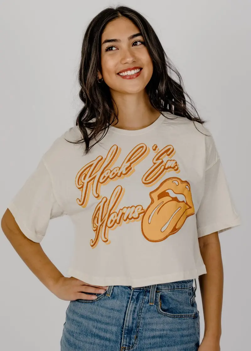 Rolling Stones Hook 'Em Horns Malibu Puff Ink Off White Cropped Tee 1