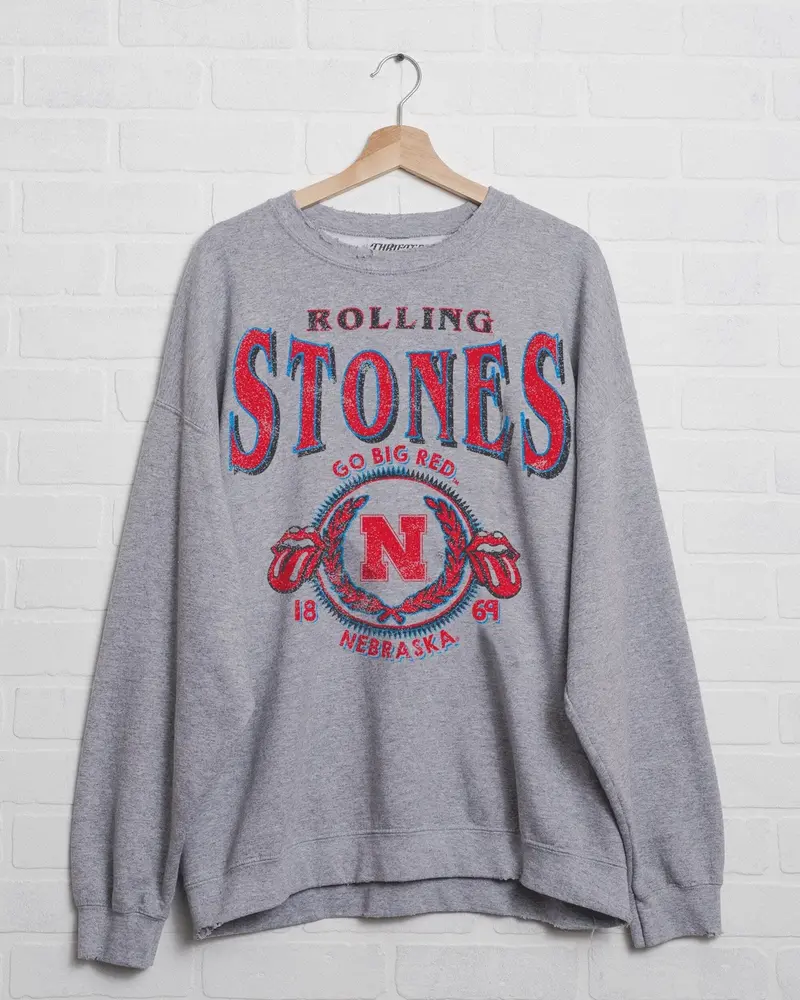 Rolling Stones Huskers College Seal Gray Thrifted Sweatshirt 1