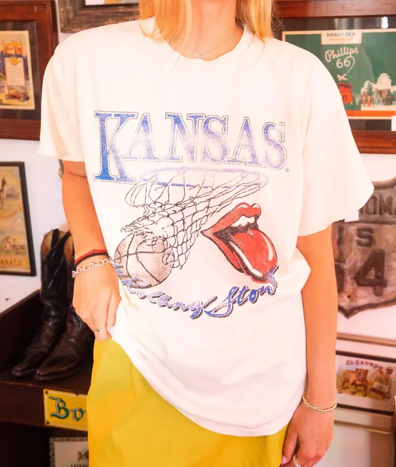 Rolling Stones Ku Jayhawks Basketball Net Off White Thrifted Tee 1
