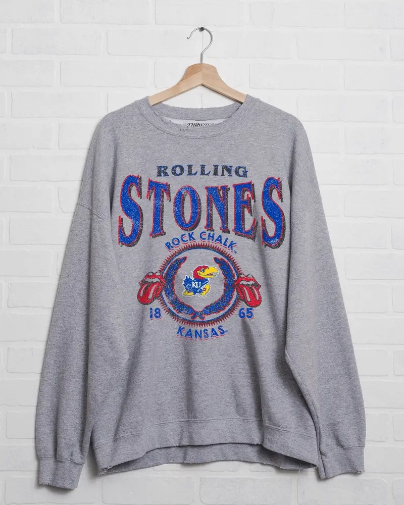 Rolling Stones Ku Jayhawks College Seal Gray Thrifted Sweatshirt 1