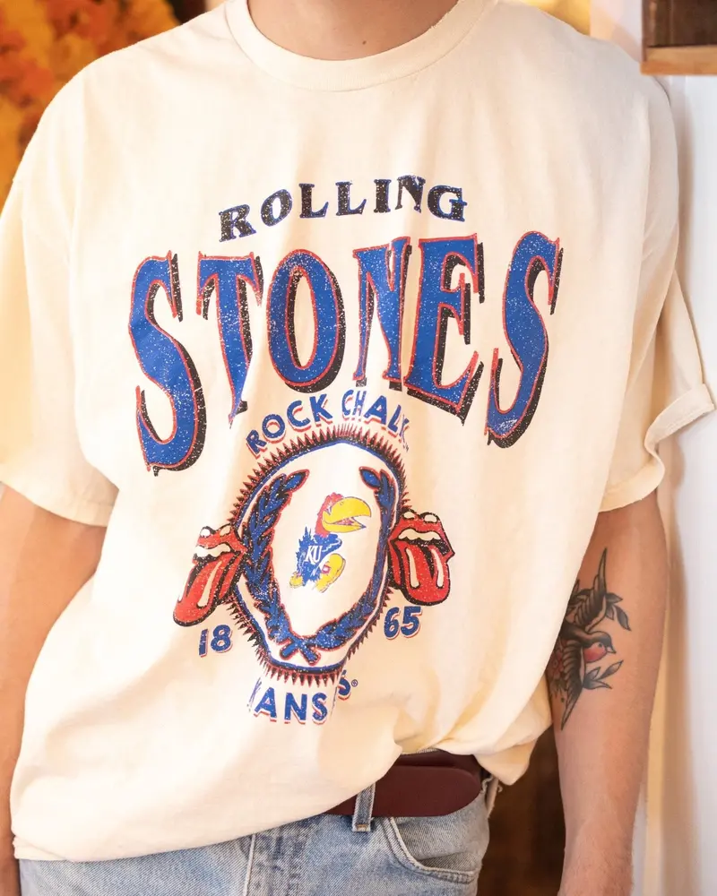 Rolling Stones Ku Jayhawks College Seal Off White Thrifted Tee 1