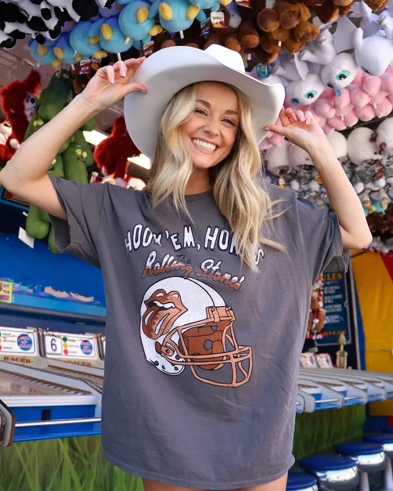 Rolling Stones Longhorns Helmet Lick Charcoal Thrifted Tee 1