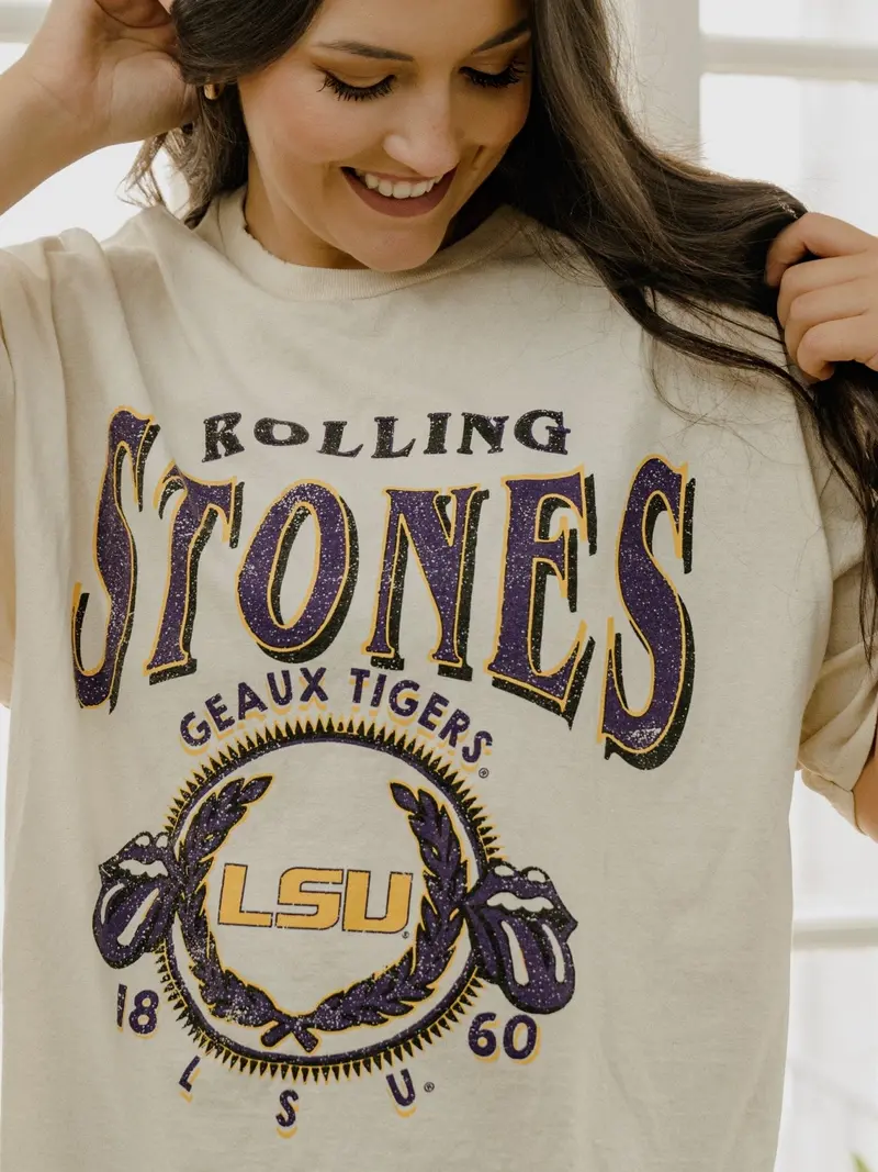Rolling Stones Lsu Tigers College Seal Off White Thrifted Tee 1