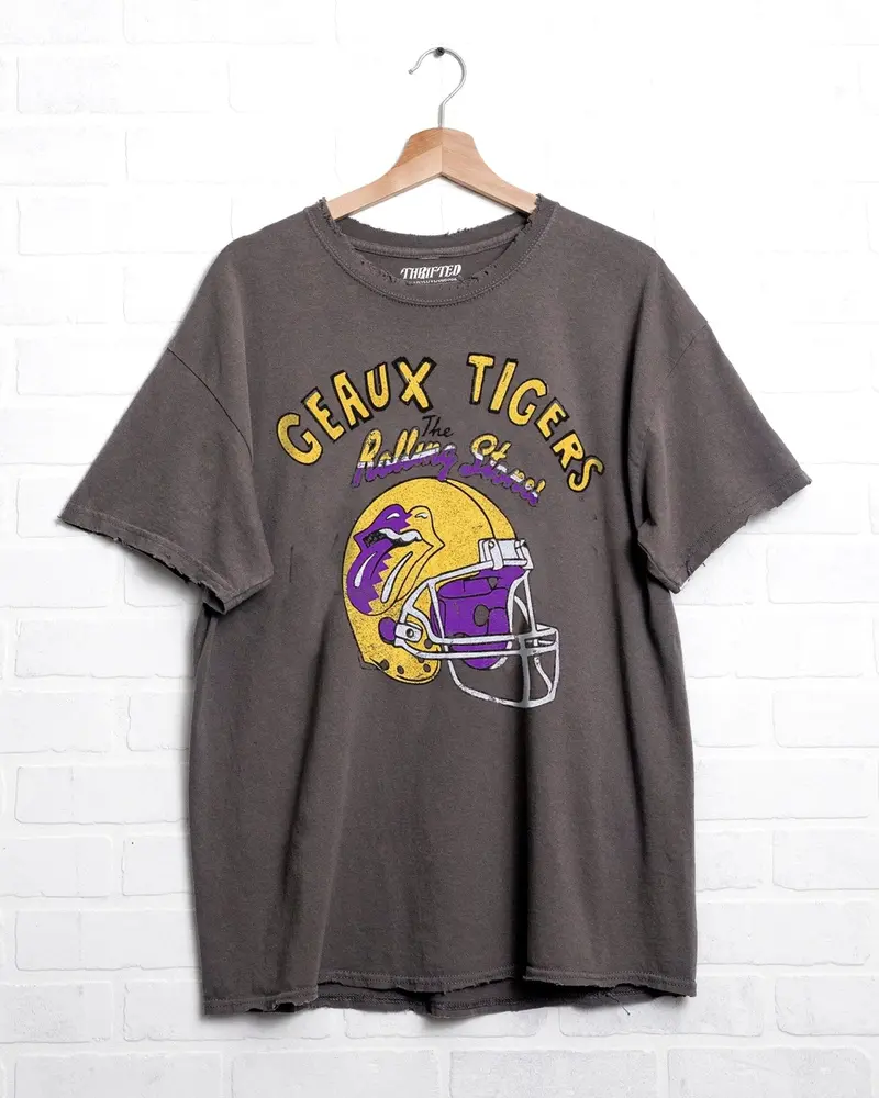 Rolling Stones Lsu Tigers Helmet Lick Charcoal Thrifted Tee 1