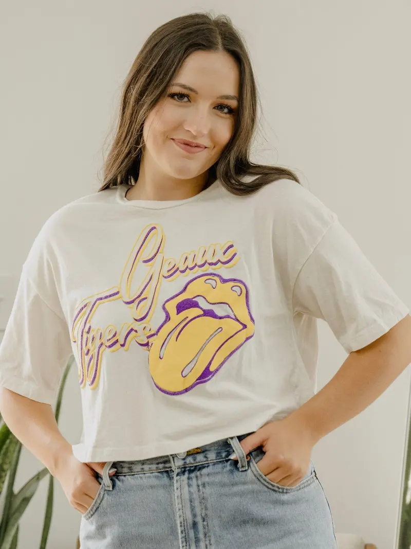 Rolling Stones Lsu Tigers Malibu Puff Ink Off White Cropped Tee 1