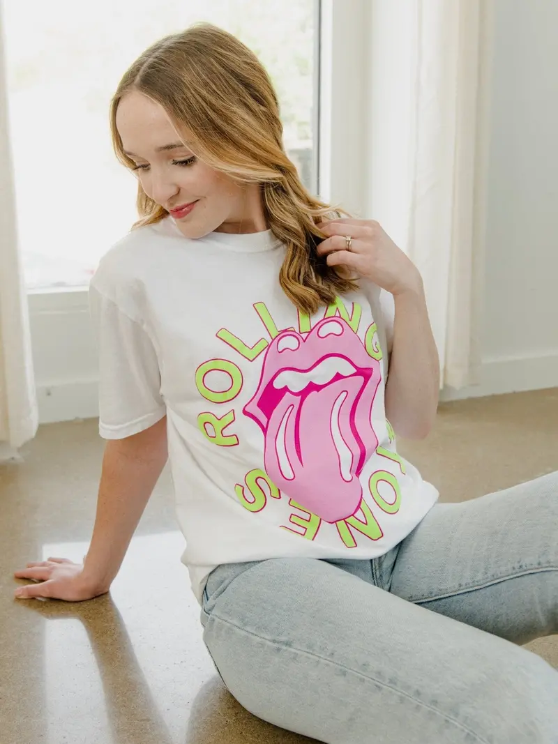 Rolling Stones Neon Puff Classic Lick Comfort Wash White Tee 1