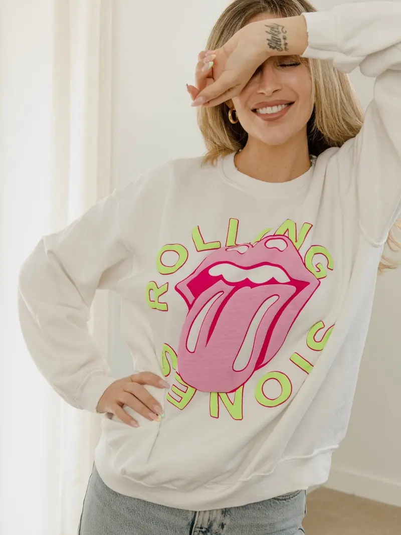 Rolling Stones Neon Puff Classic Lick White Thrifted Sweatshirt 1
