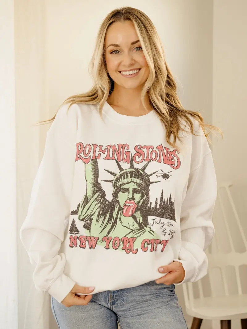 Rolling Stones Nyc Liberty White Thrifted Sweatshirt 1