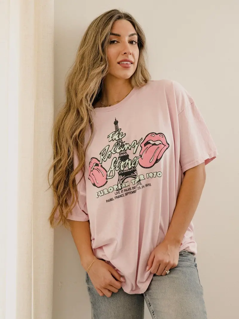 Rolling Stones Paris Puff Ink Pink Thrifted Distressed Tee 1