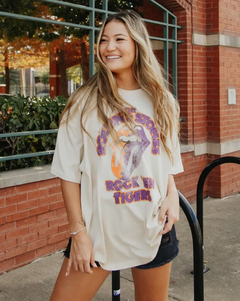 Rolling Stones Rock 'Em Clemson Tigers Off White Thrifted Tee 1