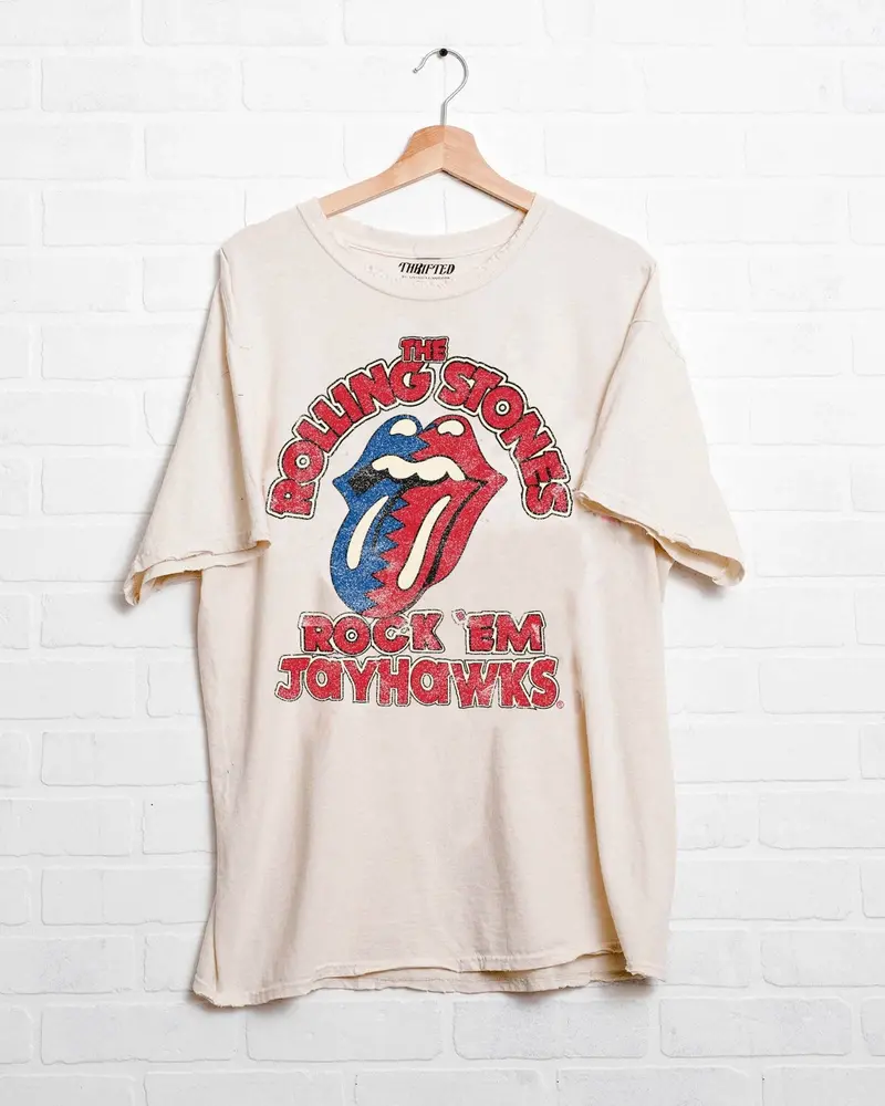 Rolling Stones Rock 'Em Ku Jayhawks Off White Thrifted Tee 1