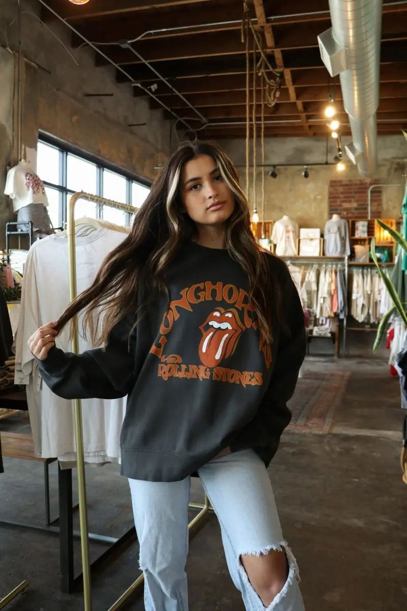 Rolling Stones Texas Longhorns Psych Black Oversized Crew Sweatshirt 1