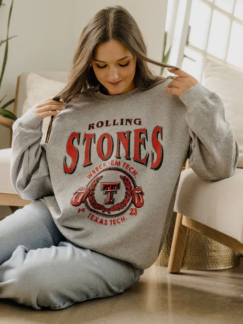 Rolling Stones Texas Tech College Seal Gray Thrifted Sweatshirt 1