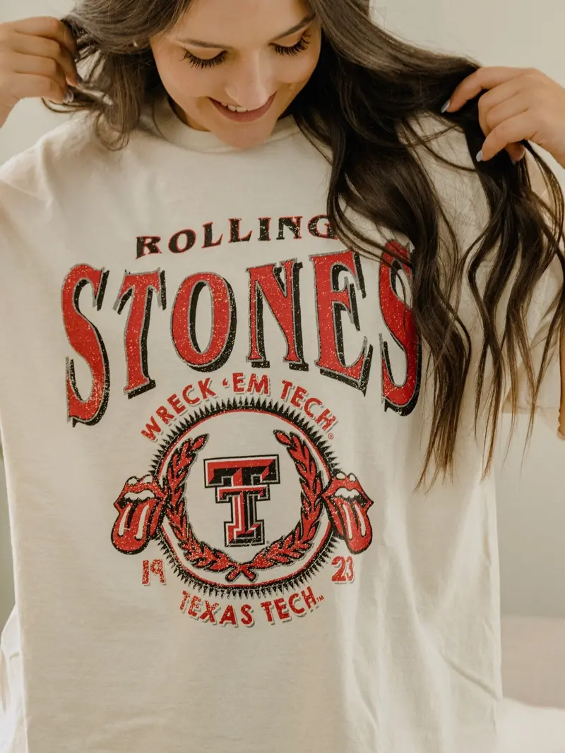 Rolling Stones Texas Tech College Seal Off White Thrifted Tee 1