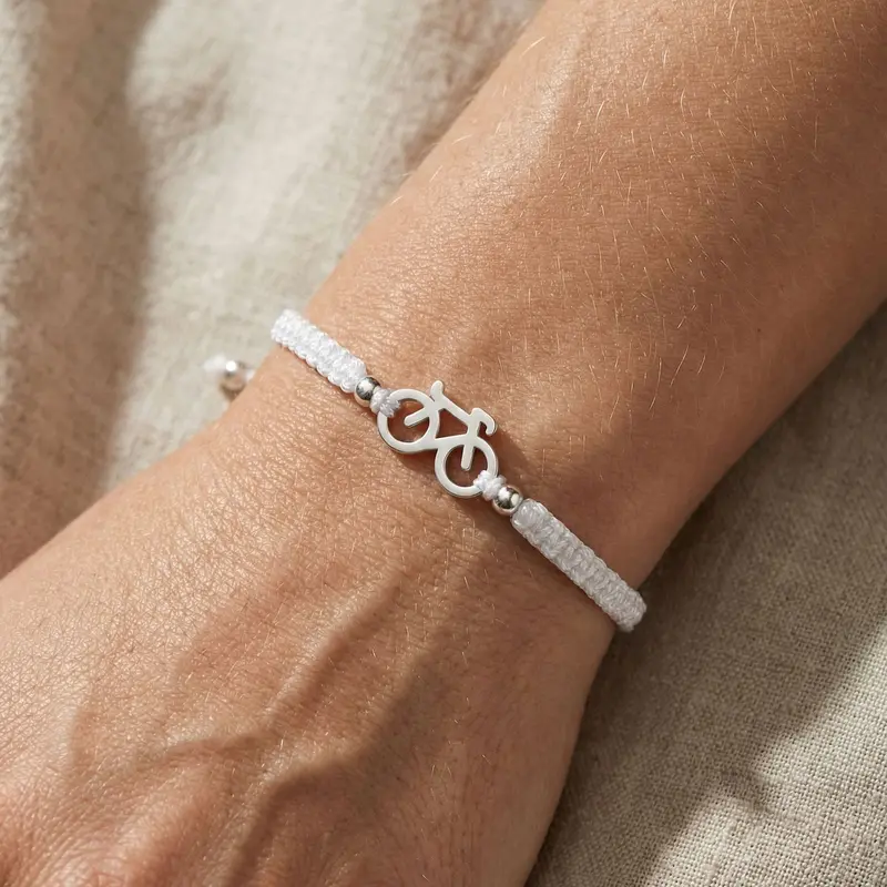 Silver Bike White Braided Bracelet 2