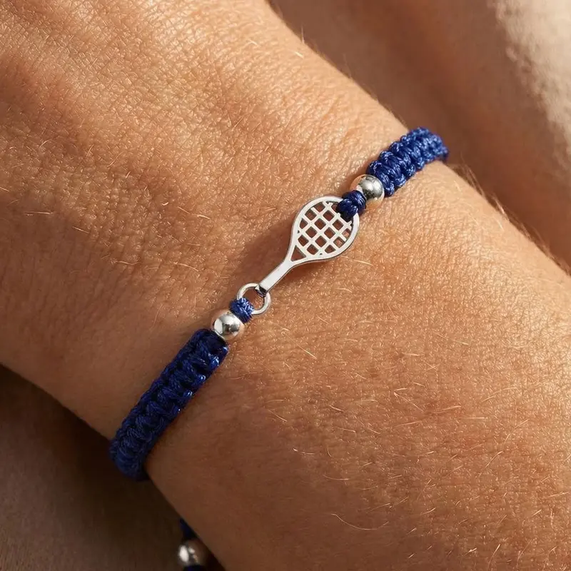Silver Tennis Court Blue Braided Bracelet 2