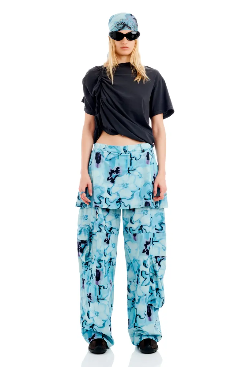 Sky Watercolor Floral Lawn Skirt Cargo Pant 1