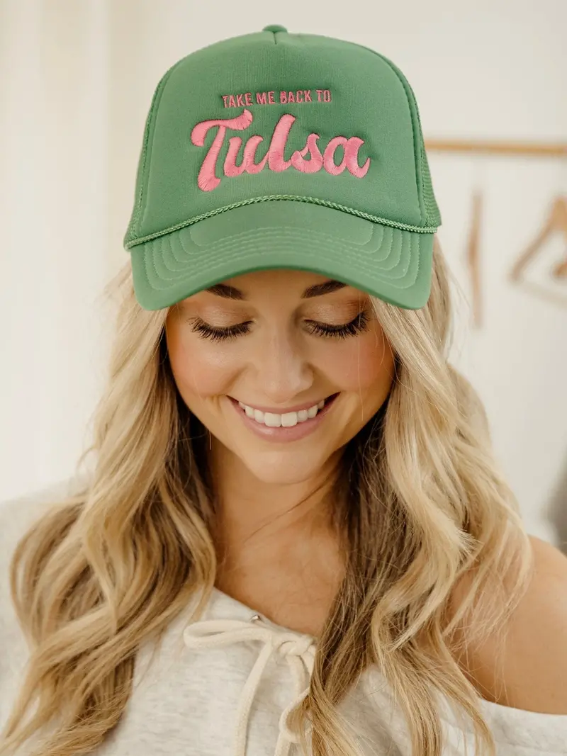 Take Me Back To Tulsa Embroidered Green Trucker Hat 1